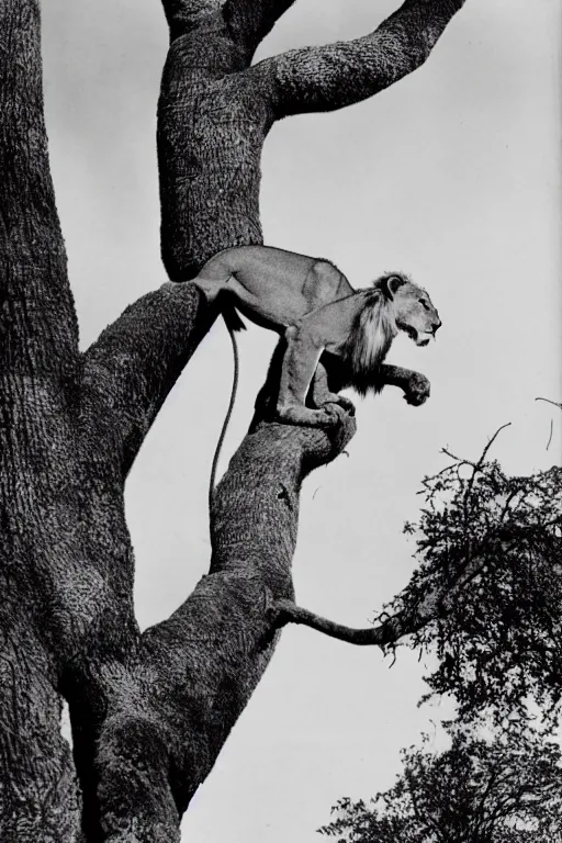 Image similar to a lion climbing a tree by dr. seuss