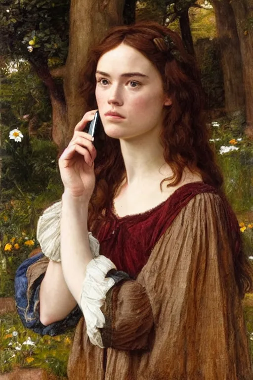 Image similar to a pre raphaelite painting of daisy ridley looking disinterestedly at her phone by dante gabriel rossett