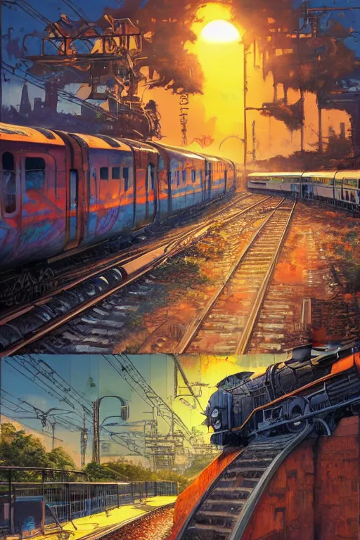 Prompt: trains covered in dripping graffiti paint, by tom lovell and greg staples and hiroshi yoshida and moebius and loish and artgerm, painterly, illustration, sunset lighting