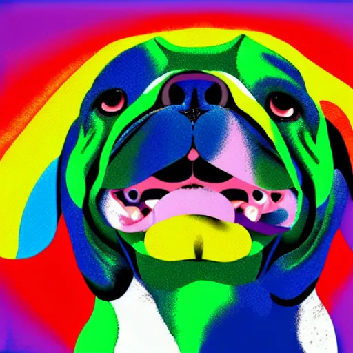 Image similar to rainbow excited smiling bulldog. pop art.