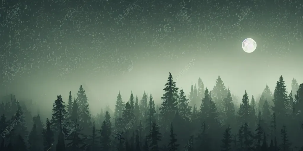 Image similar to moonlit night, forested mountains, cold light, dense forest, overhead view, fog, 2 d disney cartoon style