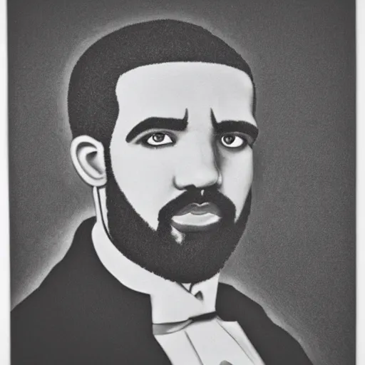 Image similar to monochrome head portrait of drake wearing a black suit and a monocle with a serious expression on his face, black background, 8 k, very intricate, very detailed,