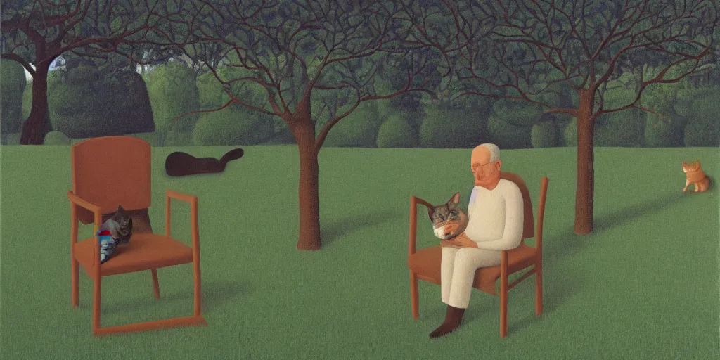 Prompt: the old man sat on the chair with the cat in his arms, in the garden, serene, by david inshaw