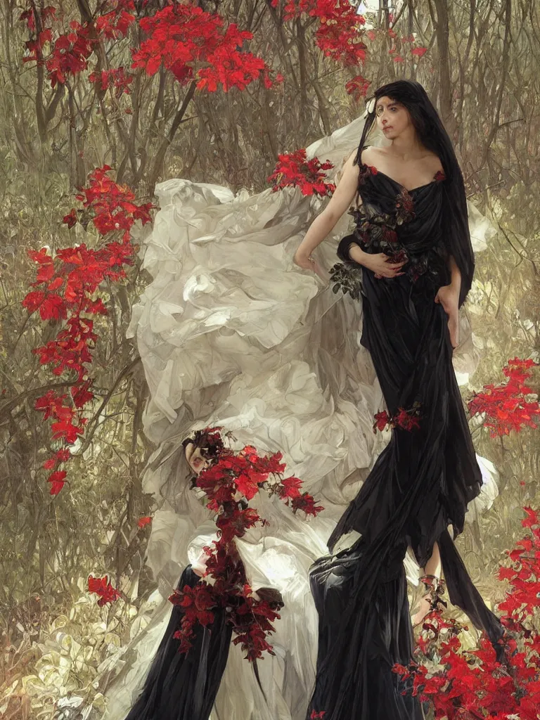 Image similar to detailed oil painting of sad bride in scary black under the god ray, red leaves on the ground, art by artgerm and greg rutkowski and alphonse mucha