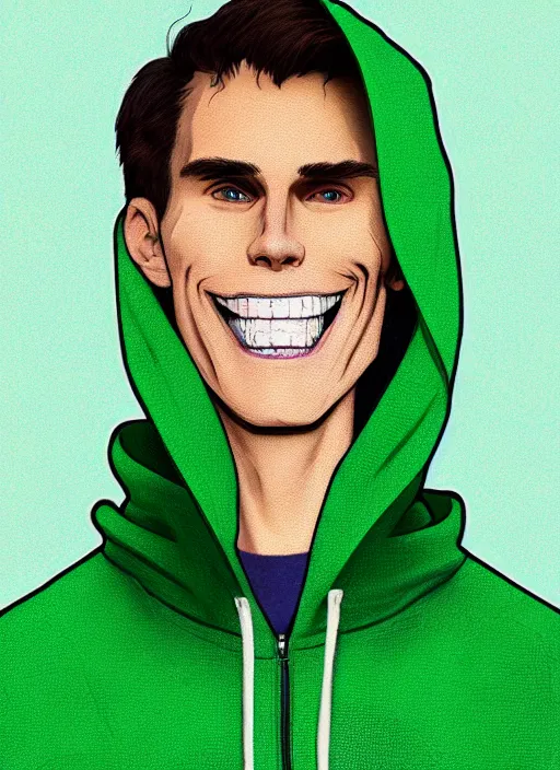 Image similar to jerma wearing a green hoodie and smiling with glowing white teeth, path traced, highly detailed, high quality, digital painting, by studio ghibli and alphonse mucha, leesha hannigan, makoto shinkai, disney