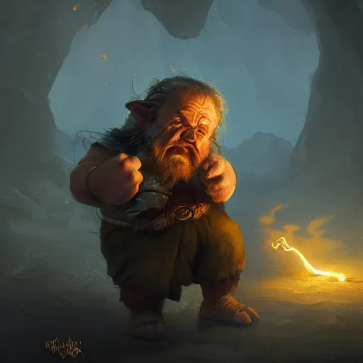 Prompt: portrait of a dwarf hugging the humongous raw, unrefined gold nugget, lump of native gold, realistic, beautiful, fantasy art, dnd, lord of the rings, mid - shot, moody lighting, by greg rutkowski, wlop, artgerm, concept art, sharp focus, ray tracing