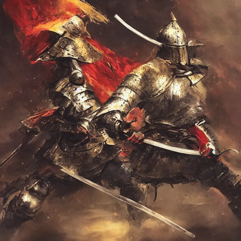 Prompt: a oil painting of an Knight/samurai in a battle ready pose detailed realistic High Resolution HD 8k in color