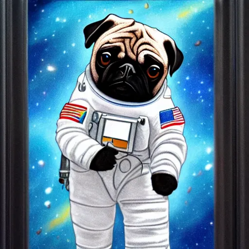 Image similar to gif, high - resolution, pencil art, colorized, extra - detailed, pug astronaut, opening door, in space that leads into the universe