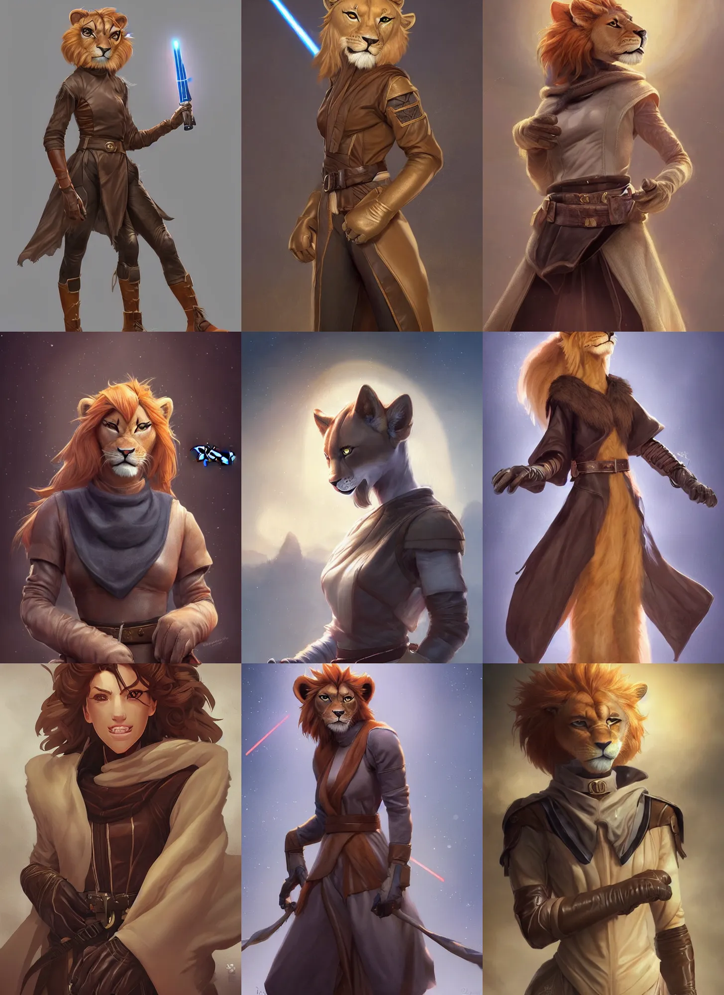 Prompt: beautiful portrait of a female anthropomorphic lioness fursona wearing jedi robes. leather gloves, leather belt, leather boots. character design by disney, charlie bowater, ross tran, artgerm, and makoto shinkai, detailed, soft lighting, rendered in octane