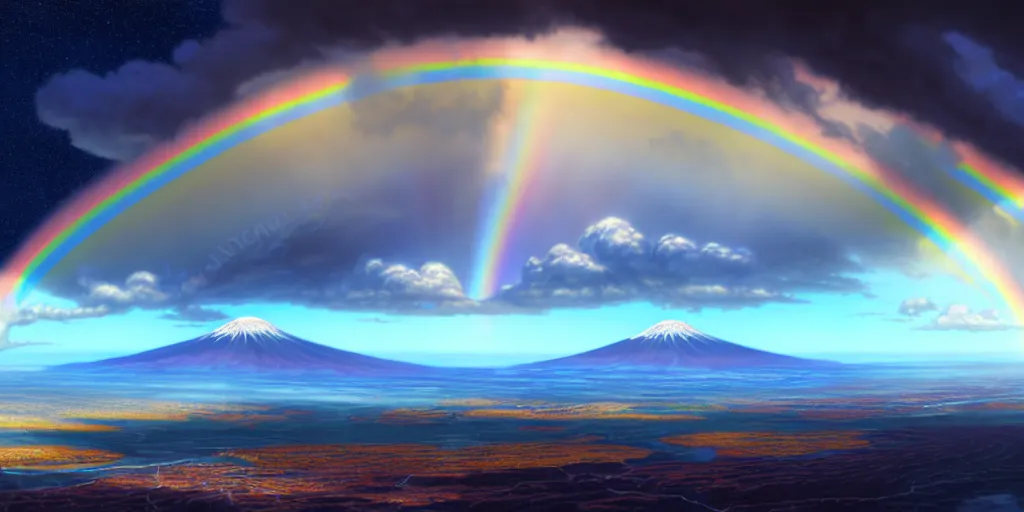 Prompt: detailed matte painting of noah's ark landing on mount ararat, double rainbow in a clear blue sky, art by dan mumford and yusuke murata and makoto shinkai and ross tran, cosmic, heavenly, god rays, intricate detail, cinematic, 8 k, cel shaded, unreal engine, featured on artstation, pixiv
