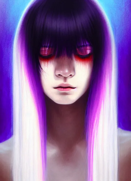 Image similar to hair whitebangs hair, black hair, whitebangs, portrait of teenage girl with white bangs, red irises, purple clothes, white bangs, bangs are different color from hair, intricate, elegant, glowing lights, highly detailed, digital painting, artstation, concept art, smooth, sharp focus, illustration, art by wlop, mars ravelo and greg rutkowski