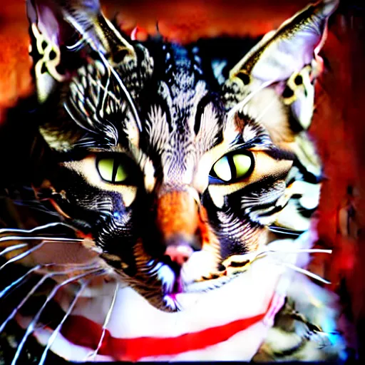 Image similar to junkyard cat mixed with donald rumsfeld