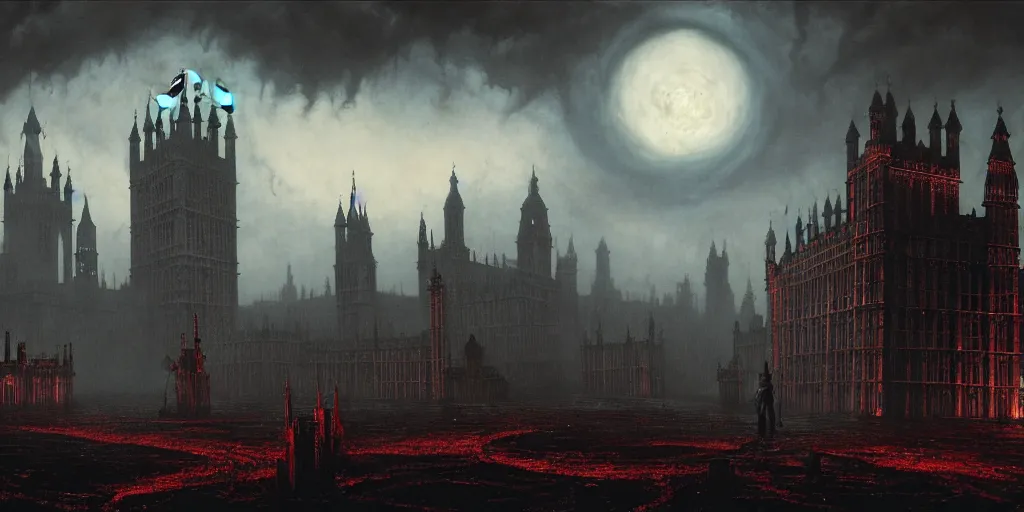 Image similar to stunning landscape of grotesque and horrifying london, victorian era!! lovecraftian horror, cosmic horror!! cinematic lighting, bloodborne, horror fiction, digital art, winning award masterpiece, fantastically beautiful, aesthetically inspired by wayne barlowe and gerald brom, trending on artstation, art by greg rutkowski and h r giger, octane render, 8 k