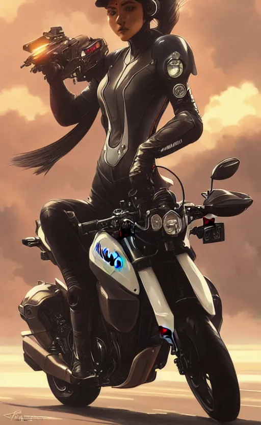 Image similar to Police female riding yamaha motorcycle, sci-fi, highly detailed, digital painting, artstation, concept art, smooth, sharp focus, illustration, art by artgerm and greg rutkowski and alphonse mucha