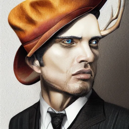 Prompt: a upper body portrait of a deer lord in a pinstriped suit and pants wearing a fedora with the antlers sticking out of the fedora by artgerm and wlop, intricate detail, digital art, photorealistic, trending on artstation