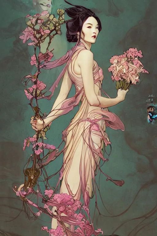 Prompt: full length portrait of a beautiful mysterious chinese fairy holding bouquet of flowers by eve ventrue, michael carson, andreas rochas, john watkiss, casey weldon, artgerm. art nouveau. tarot card by mucha. gloomhaven. swirly intricate linework background. gaudy colors, sharp edges. octane render