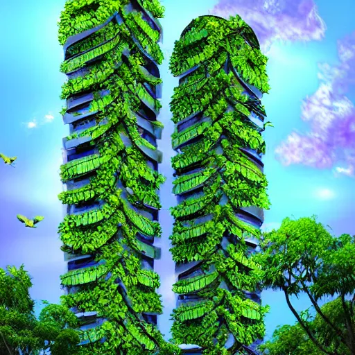 Prompt: Two futuristic towers with a skybridge covered in lush foliage, digital art