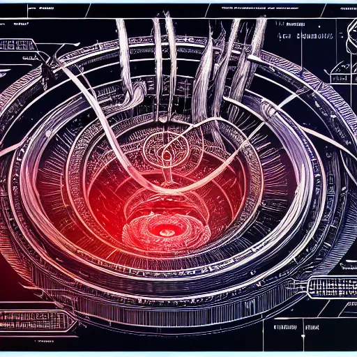 Image similar to a blueprint diagram of a wormhole generator, intricate illustration, ultra detailed, detailed plans and notes, sketches, technopunk, darksynth, intricate illuminated lines, blood red, 8 k, unreal engine 5, by tsutomu nihei w 9 6 0