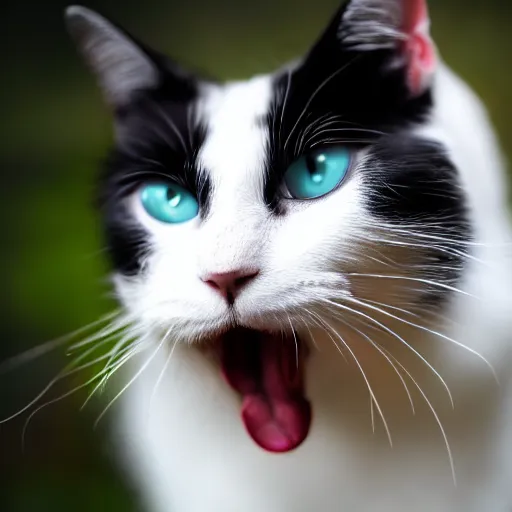 Prompt: A photograph of a white cat with black fur around her eyes sticking tongue out, looking at camera, 8k