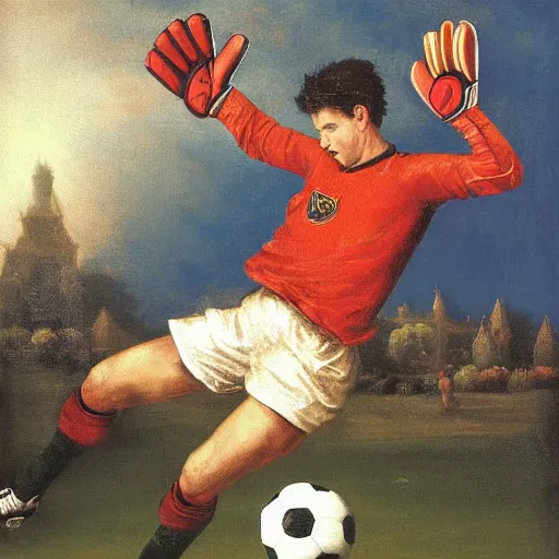 Prompt: soccer photography, goal keeper with wings, baroque painting