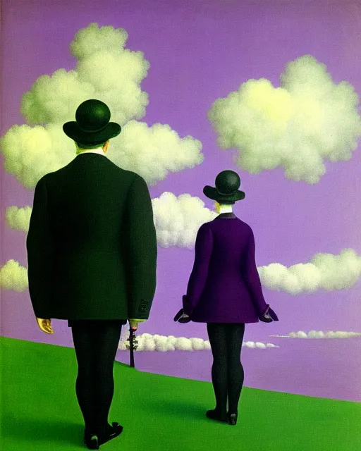 Prompt: purple green and black painting by magritte