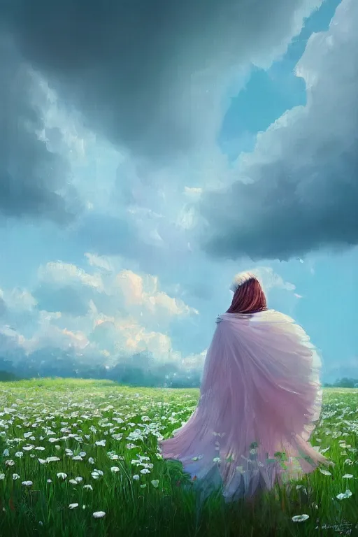 Prompt: giant white daisy flower face, girl with veil walking in a flower field, surreal photography, sunrise, dramatic light, impressionist painting, colorful clouds, digital painting, artstation, simon stalenhag