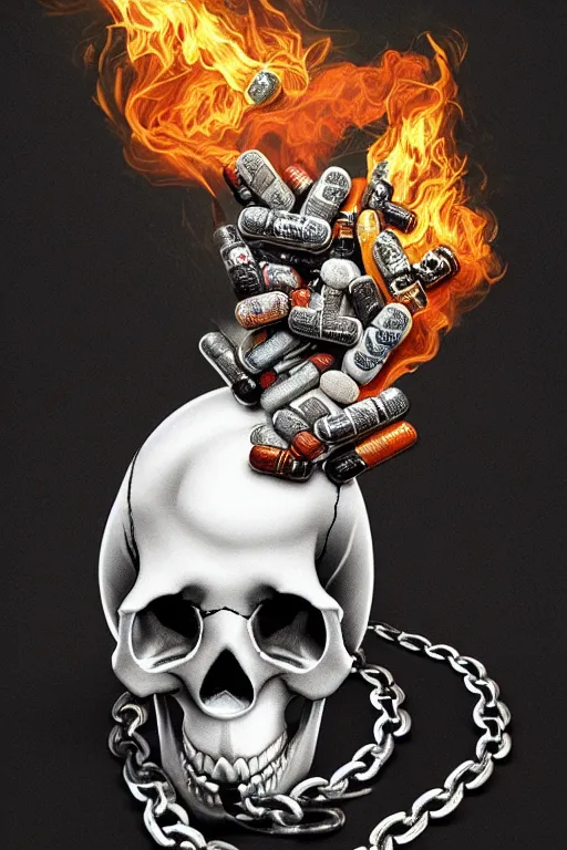 Image similar to pile Off pills , drugs and a skull on the table, skull made out of smoke coming out of pills, fantasy, intricate, elegant, highly detailed, digital painting, artstation, concept art, addiction, chains, smooth, sharp focus, illustration, art by Ilja Repin