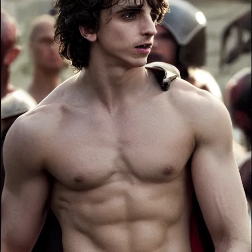 Image similar to first photos of 2 0 2 4 3 0 0 remake - muscular timothy chalamet as leonidas, put on 1 0 0 pounds of muscle, looks different, steroids, hgh, ( eos 5 ds r, iso 1 0 0, f / 8, 1 / 1 2 5, 8 4 mm, postprocessed, crisp face, facial features )