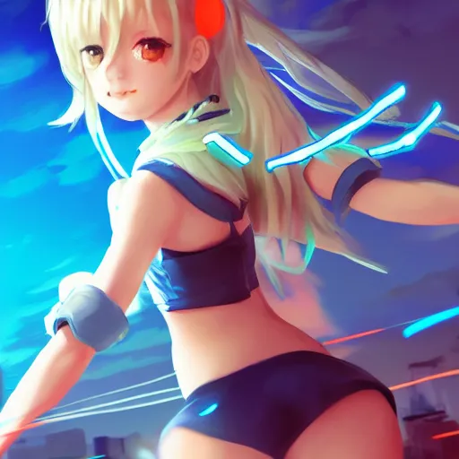 Image similar to Splash art Anime loli, blond hair with pigtails, blue coat and black shorts, she flies by using blue neon powers through the city. Cinematic sunset, faint orange light. Amazing piece Trending on Artstation. Yumei style