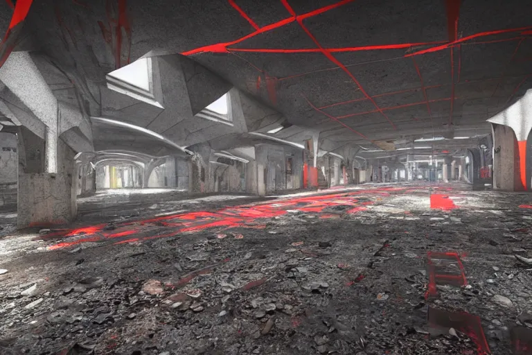 Image similar to ruined, abandoned, underground metro station, seen from inside. red flares on the ground is the only lightsource. Smoke. Dirt, leaves on ground. Unreal Engine. Substance painter. Zbrush. Trending on artstation. 8K. Highly detailed.