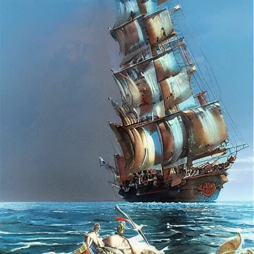 Image similar to A pirate on the high seas that has magical pearlescent shimmering see through sails, painting by Peter Andrew Jones