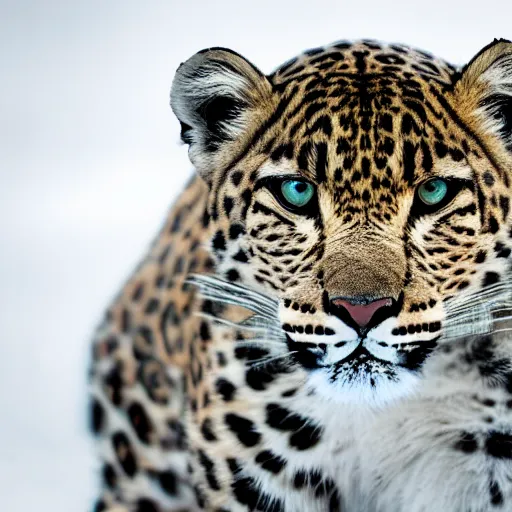 Prompt: Snow, leopard portrait, XF IQ4, 150MP, 50mm, f/1.4, ISO 200, 1/160s, natural light, Adobe Photoshop, Adobe Lightroom, DxO Photolab, Corel PaintShop Pro, rule of thirds, symmetrical balance, depth layering, polarizing filter, Sense of Depth, AI enhanced