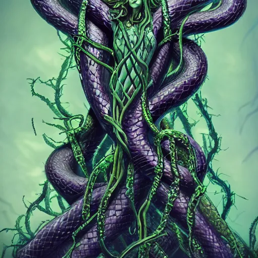 Image similar to dark queen of snakes, crown of vines, blue skin, realism, dark fantasy, surrounded by snakes in a twisted forest, octane render, artstation