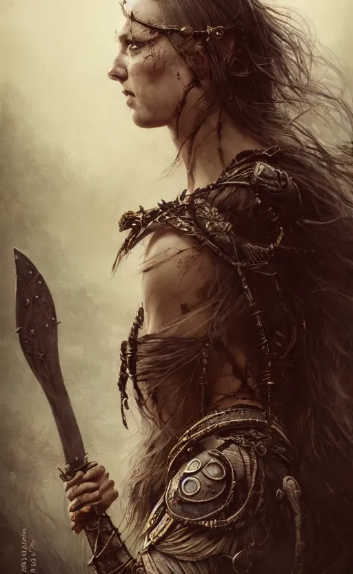 Prompt: Official photo of a majestic fierce viking woman, leader, fear, scarred, highly detailed, viking attire, cinematic, 8k, 1080s, by Stanley Artgermm, Tom Bagshaw, Greg Rutkowski, Vincent di Fate, Carne Griffiths, Ayami Kojima, trending on DeviantArt, hyper detailed, full of color, digital art