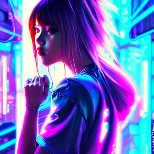 Image similar to beautiful digital painting of lalisa cyberpunk background with high detail, 8 k, stunning detail, neon lights, photo by wlop, artgerm and greg rutkowski and alphonse mucha, unreal engine 5, 4 k uhd