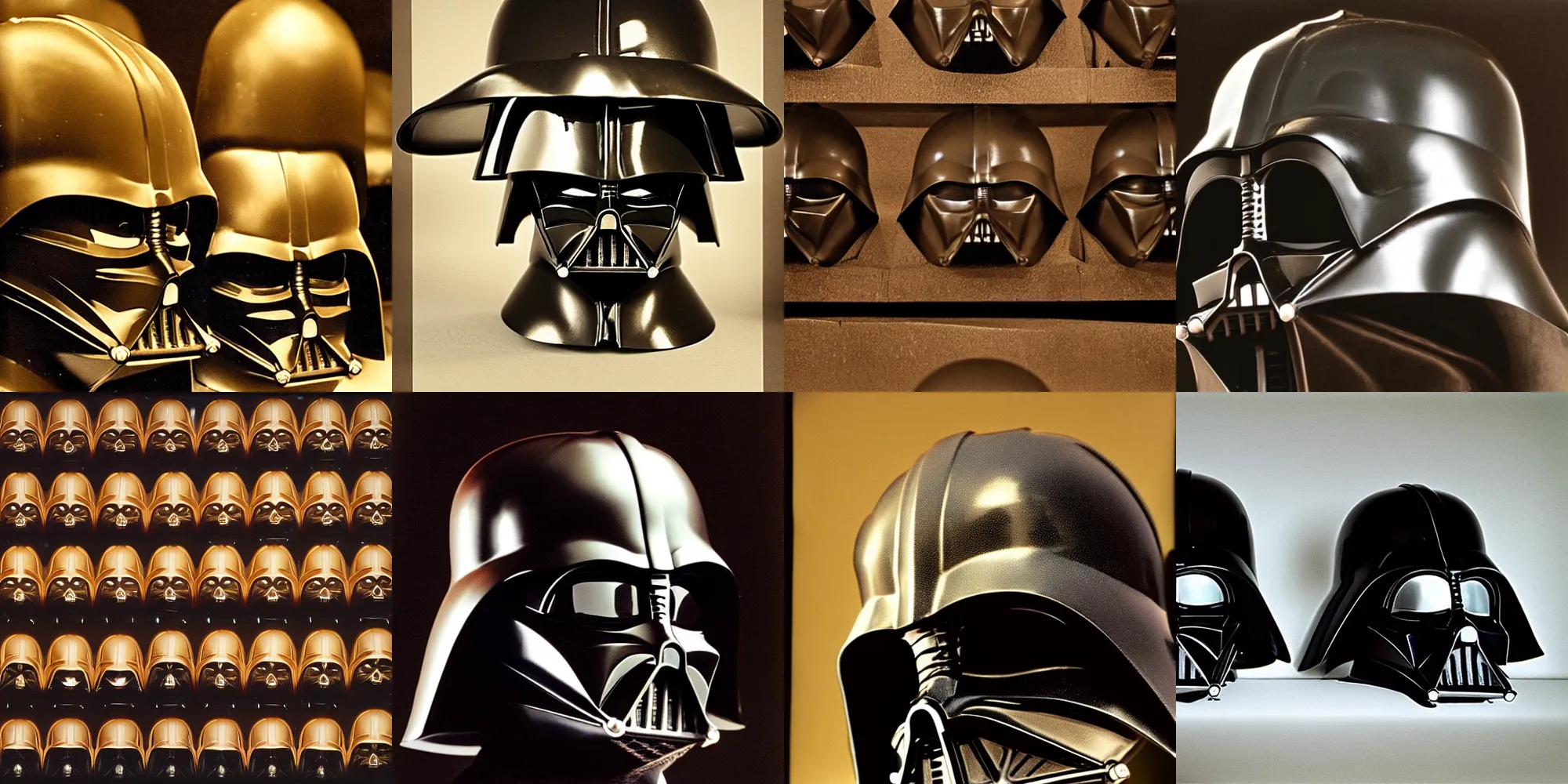 Prompt: darth vader helmets, sepia photo, masterpiece of paul outerbridge