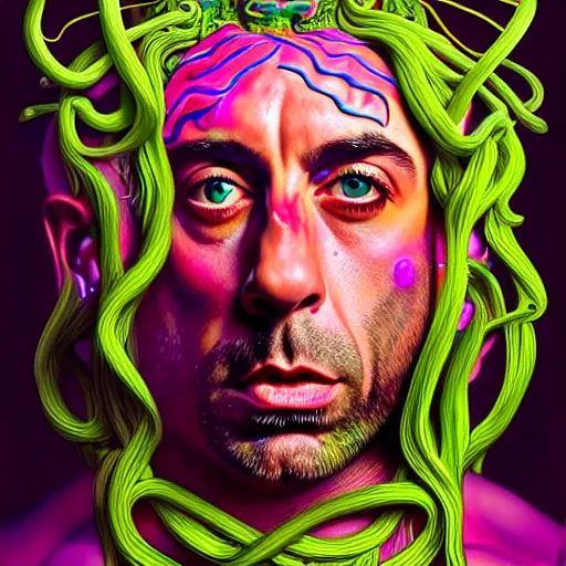 Prompt: an extremely psychedelic portrait of joe rogan as medusa, surreal, lsd, face, detailed, intricate, elegant, lithe, highly detailed, digital painting, artstation, concept art, smooth, sharp focus, illustration