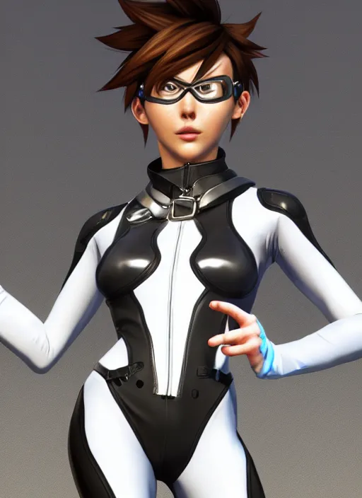 Image similar to portrait bust digital artwork of tracer overwatch, wearing white iridescent rainbow latex and leather straps catsuit outfit, 4 k, expressive happy smug expression, makeup, in style of mark arian, angel wings, wearing detailed black leather collar collar collar collar, chains, black leather harness, detailed face and eyes,