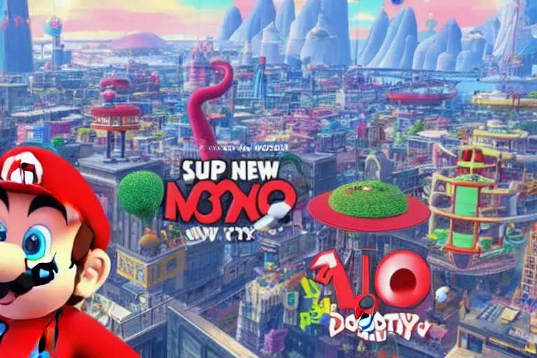 Image similar to an in game new donk city landscape from super mario odyssey, super mario odyssey art style.