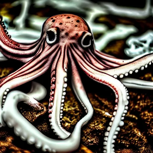 Image similar to an octopus hiding inside a decaying human skeleton, detailed nature photograph