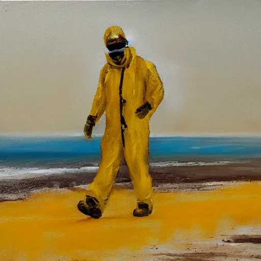 Prompt: a man in a yellow hazmat walking on an abandoned beach, oil painting