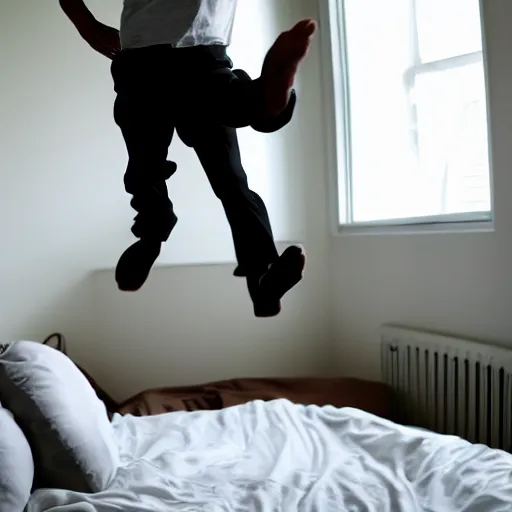 Prompt: a man jumping on the bed and breaking it