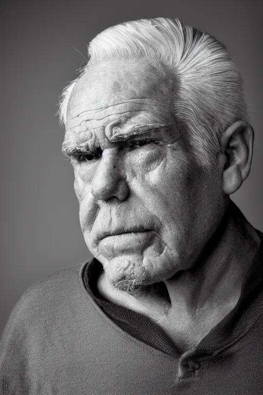 Prompt: portrait of a heavy old man with shaved face and white hair. he has a sad look in his eyes. studio lighting