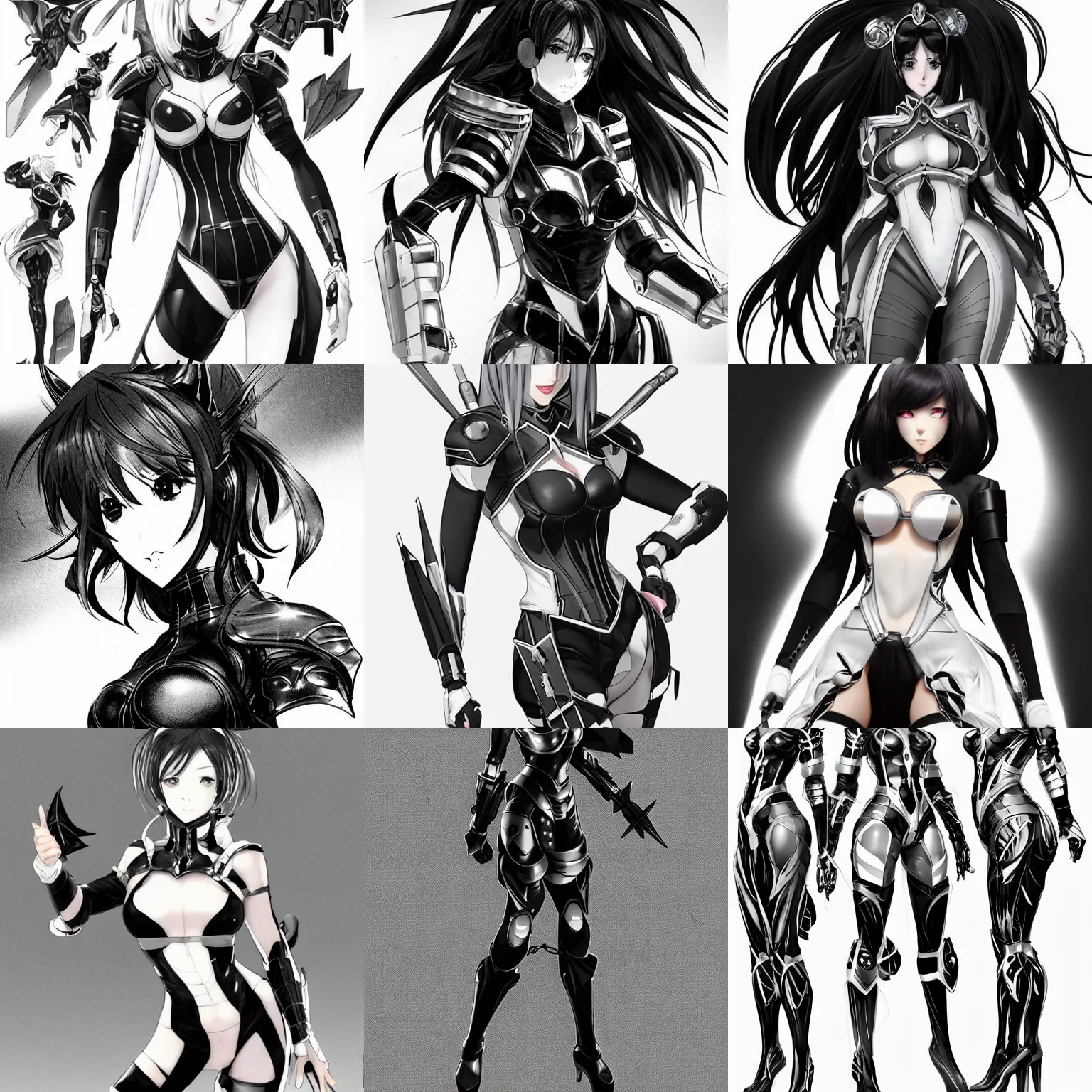 Prompt: original anime character design black and white pencil and ink. sci - fi weapon. black tape project show attractive showgirl in armour!! full body with future head set!! sharp edge. ultra clear detailed. contour light effect!! 8 k. stage light. octane render. by artgerm, cushart krenz, greg rutkowski and alphonse mucha.