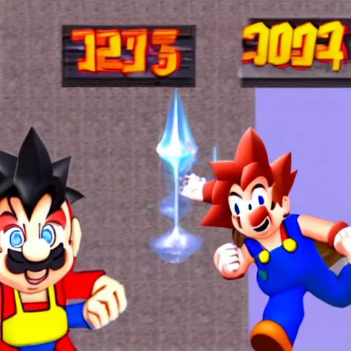 Image similar to goku hitting the whip while walter white and mr. incredible cook uncanny meth in super mario 6 4, official screenshot