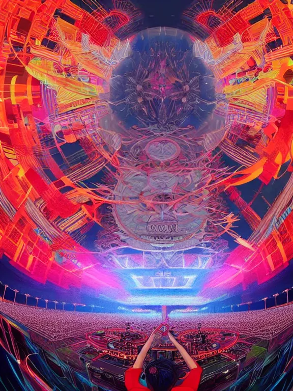 Image similar to symmetry!! dj plays big music at the biggest festivals in the world to a huge crowd with lots of blaring lights in the spirit of god, intricate, elegant, highly detailed, digital painting, artstation, concept art, smooth, sharp focus, illustration, by cgsociety and stefan kostic and stanley lau and artgerm, gorgeous, elegant