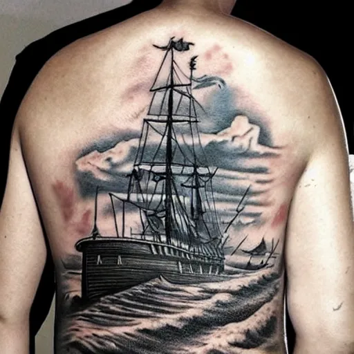 Prompt: a pirate ship sailing in the sea realism tattoo design on white background, by Matteo Pasqualin tattoo artist