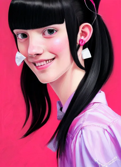 Image similar to portrait of high school girl, realistic, black hair, bangs, half updo hairstyle, pointy nose, skinny, smile, ugly, defined jawline, big chin, pink hair bow, earrings, intricate, elegant, glowing lights, highly detailed, digital painting, artstation, sharp focus, illustration, art by wlop, mars ravelo and greg rutkowski