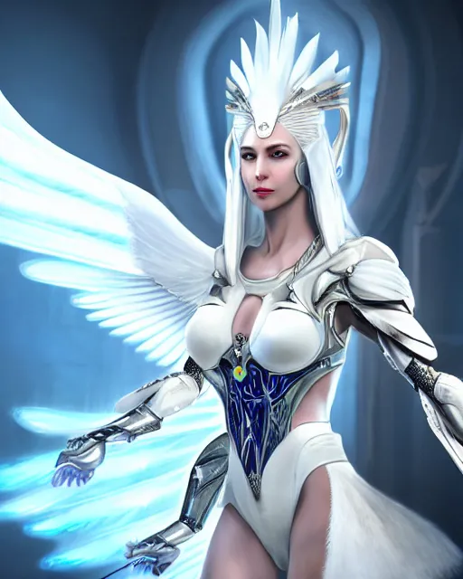 Image similar to perfect white haired attractive egyptian goddess with huge white dove wings, warframe armor, beautiful, symmetric, charlize theron, half asian, pretty face, blue eyes, cyborg, scifi platform, laboratory, experiment, 4 k, ultra realistic, epic lighting, android body, illuminated, cinematic, masterpiece, art by akihito tsukushi, voidstar