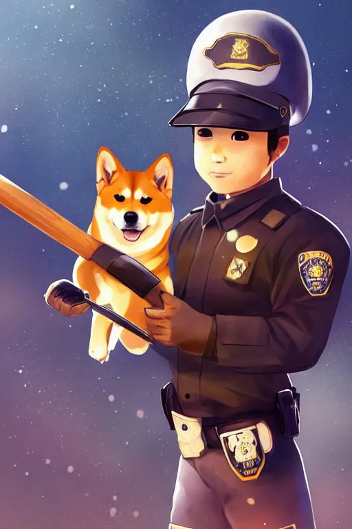 Prompt: shiba inu wearing a police uniform, holding a baseball bat on his hand, highly detailed digital art, atmosphere, glow, lens flare, cinematic lightning, hyperrealistic, focused, extreme details, 4 k, ultra detailed, trending on artstation, masterpiece, digital art.